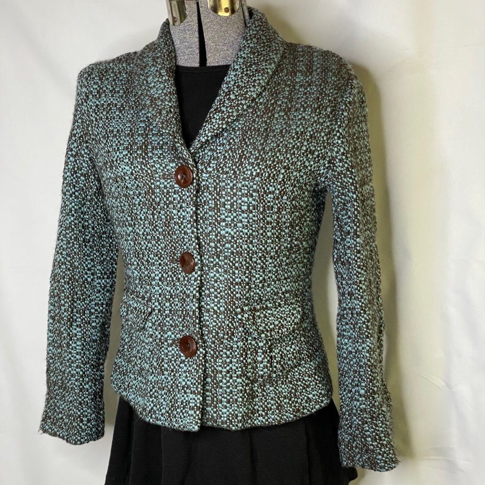 J. Jill 3 Button Womens Collared Blazer Jacket Size 4 Brown Blue Tweed Career